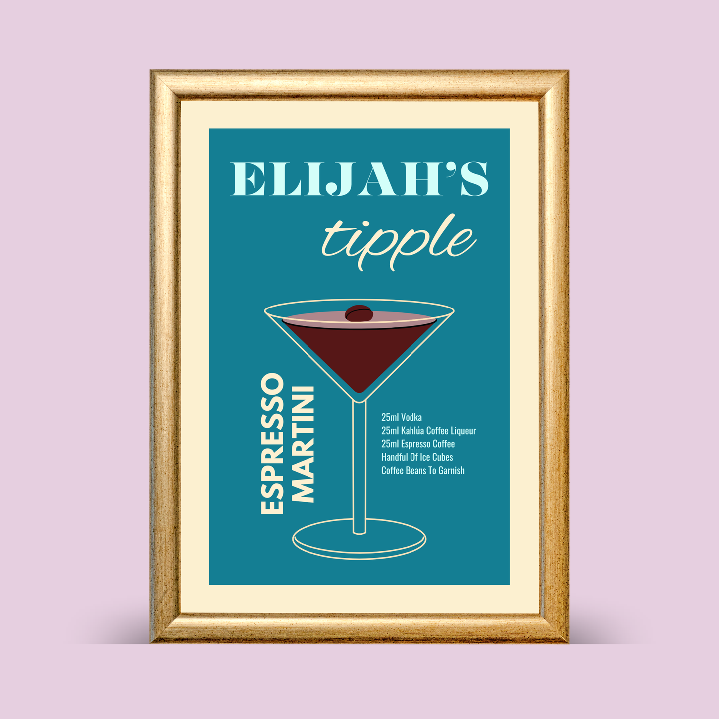 Framed espresso martini illustration with teal background and gold frame, featuring a minimalist cocktail graphic and recipe text personalised