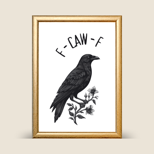 Black raven illustrated in a vintage engraving style, perched on a flowering branch, with the text “F-Claw-F” arched above, displayed in a gold frame on a neutral background.