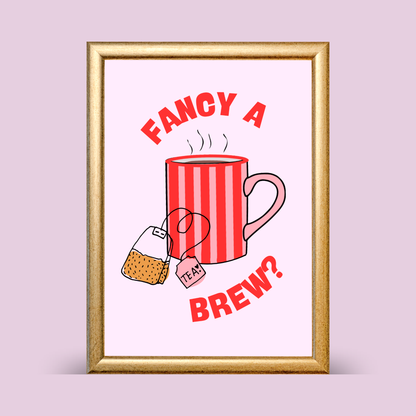 Framed artwork with a red striped mug and tea bags on a light purple background. Text says 'Fancy a brew?'