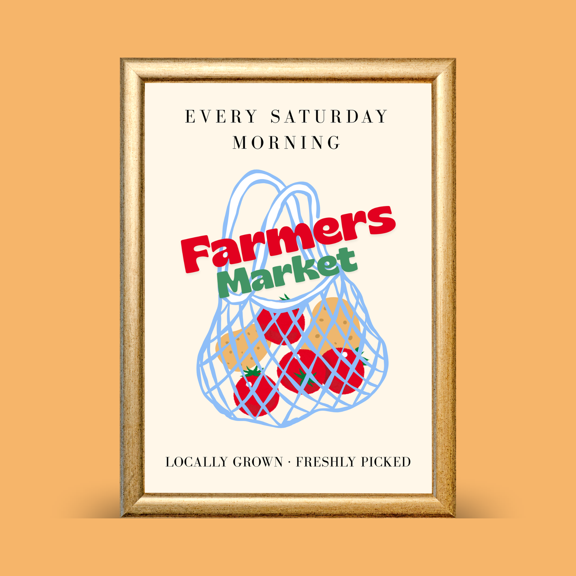 Framed poster with 'Farmers Market' text and a mesh bag graphic on an orange background