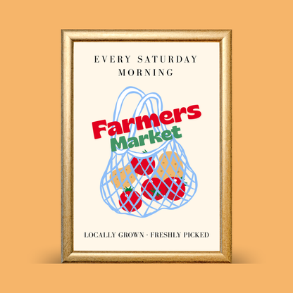 Framed poster with 'Farmers Market' text and a mesh bag graphic on an orange background