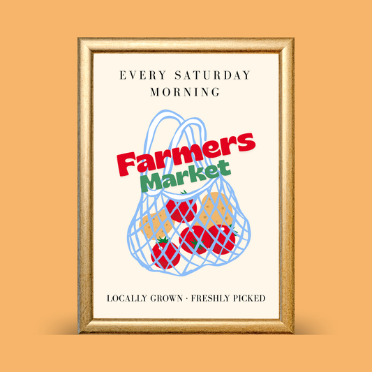 Framed poster with 'Farmers Market' text and a mesh bag graphic on an orange background