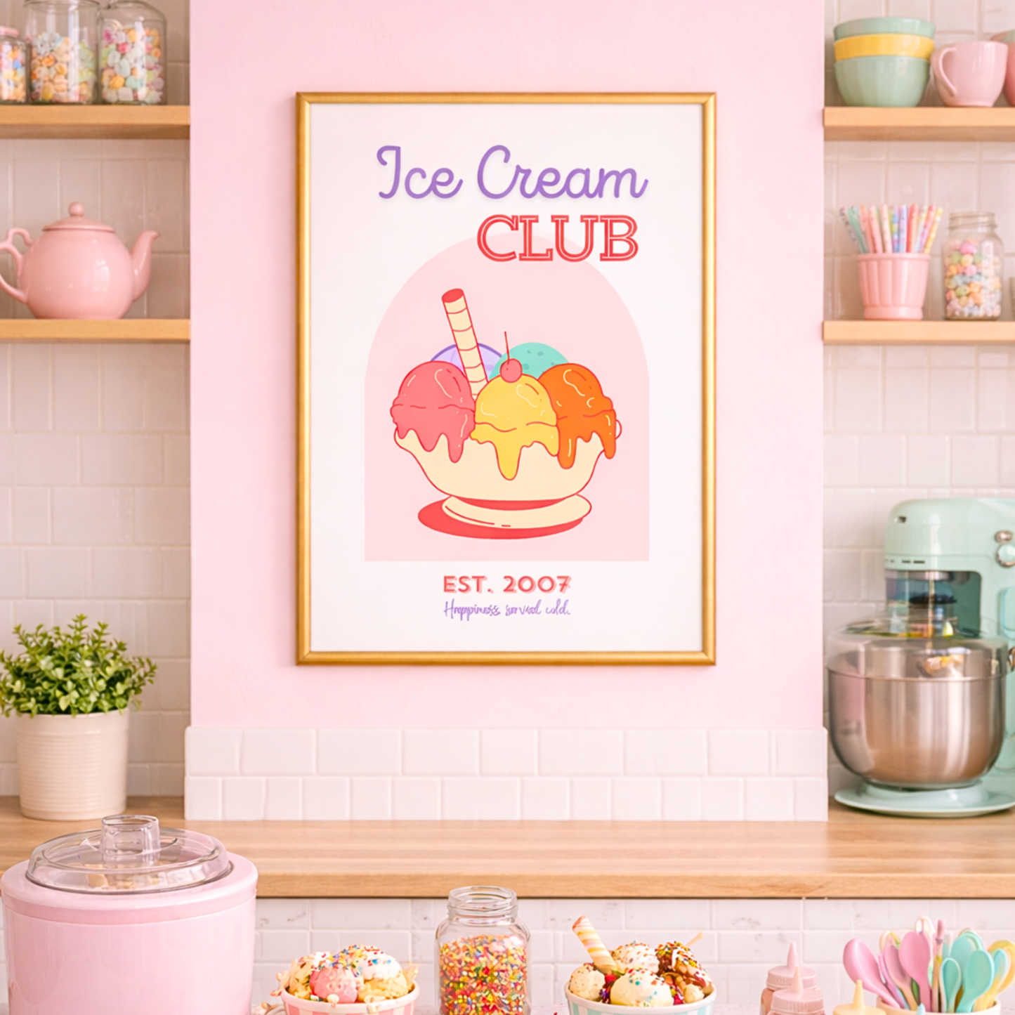 Framed 'Ice Cream Club' poster in a kitchen setting with shelves and kitchenware.