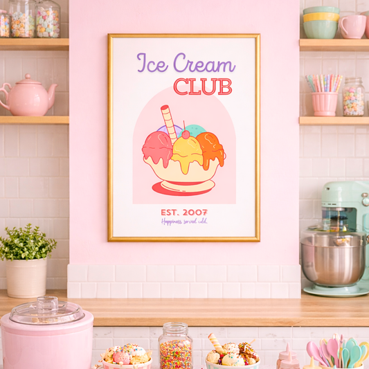 Framed 'Ice Cream Club' poster in a kitchen setting with shelves and kitchenware.