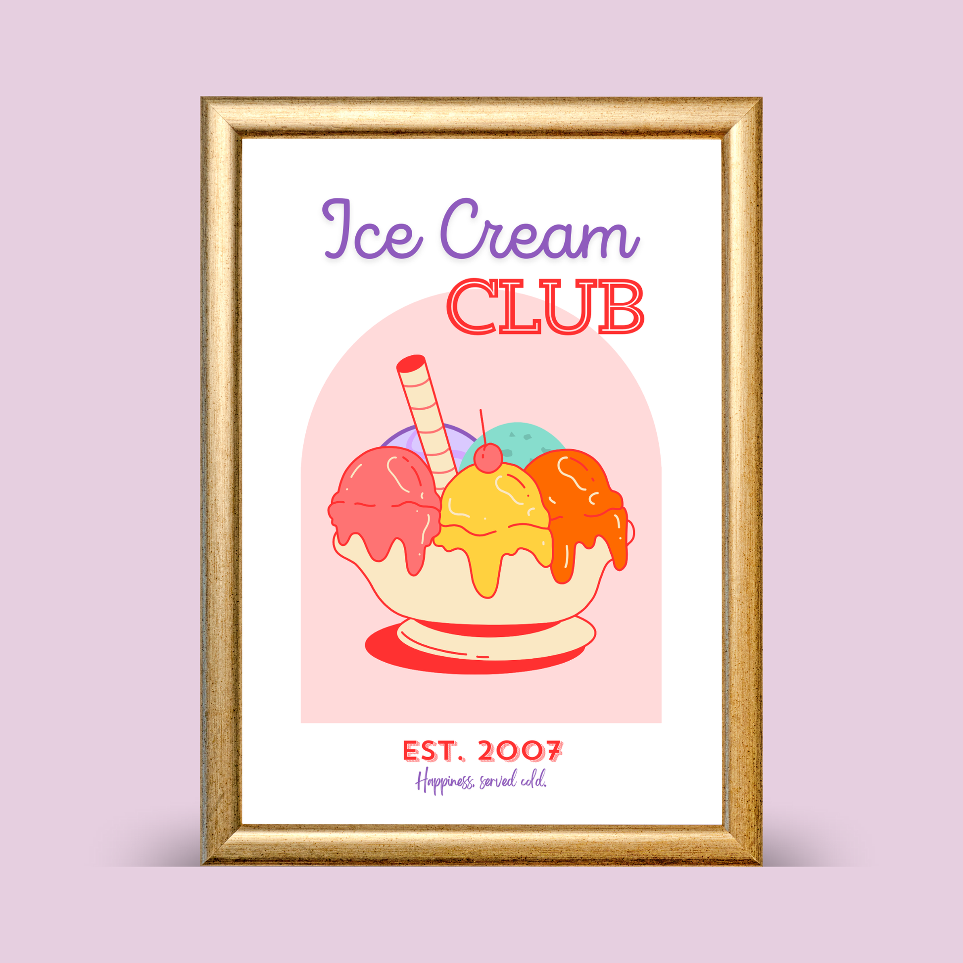 Framed poster of an ice cream sundae with 'Ice Cream Club' text on a pink background