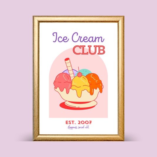 Framed poster of an ice cream sundae with 'Ice Cream Club' text on a pink background