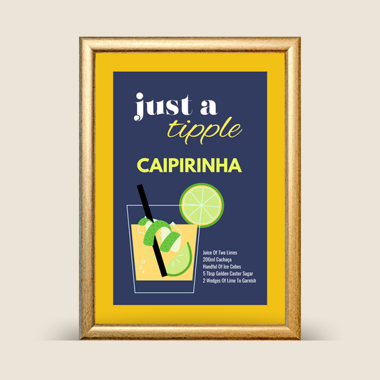 Framed caipirinha cocktail recipe wall art featuring a navy background, yellow border, illustrated caipirinha glass with lime garnish, shown on a neutral background.