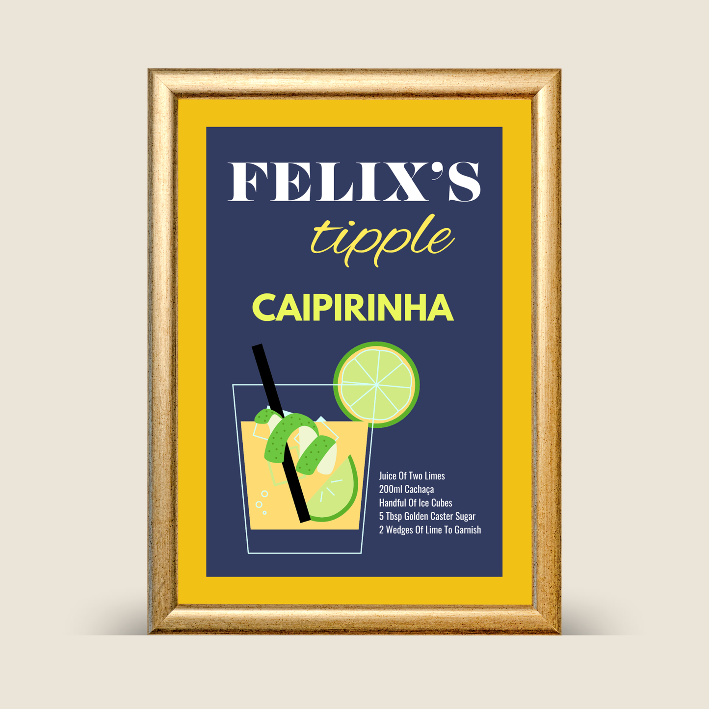Framed personalised caipirinha cocktail recipe wall art featuring a navy background, yellow border, illustrated caipirinha glass with lime garnish, shown on a neutral background.