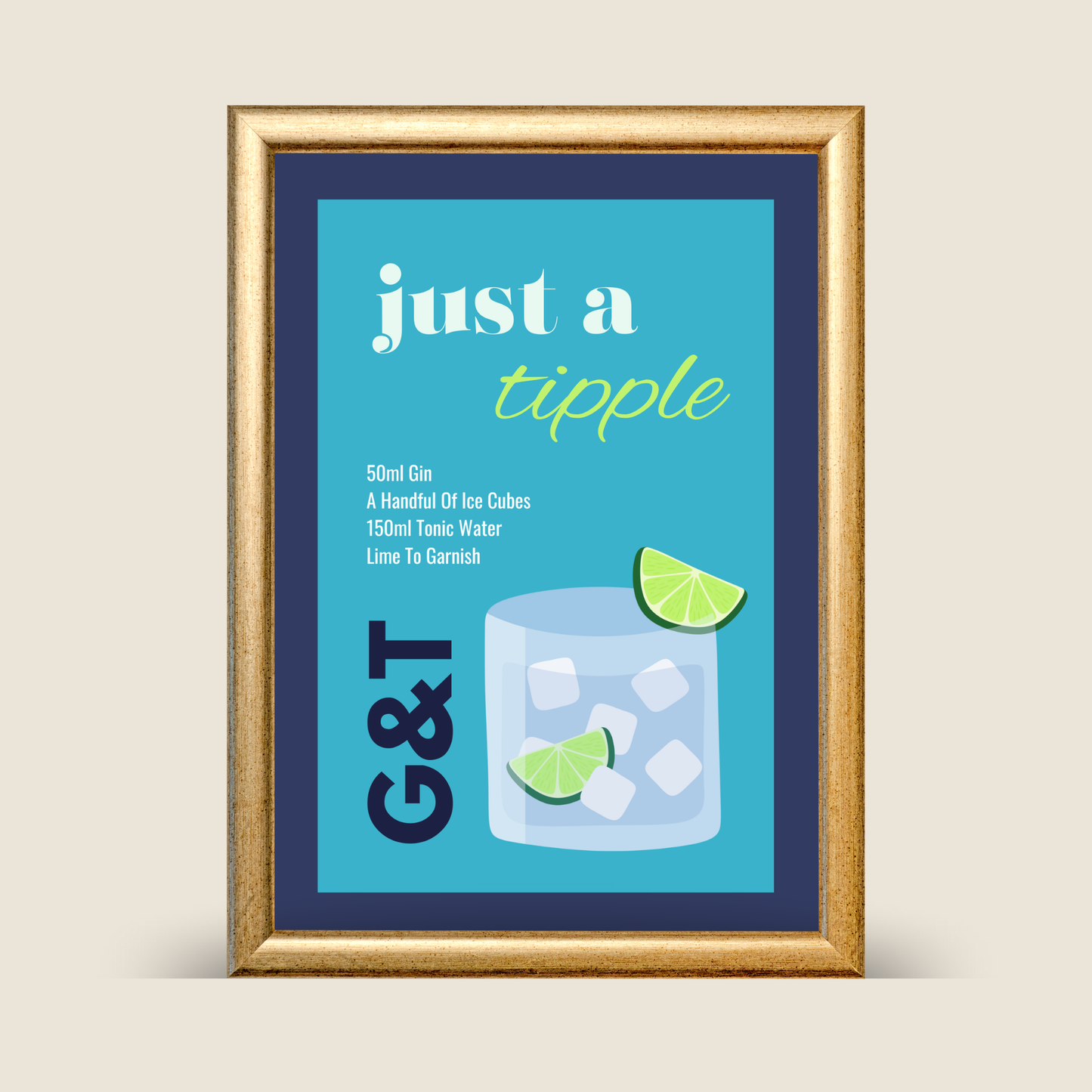 Framed ‘Just a Tipple’ gin and tonic cocktail illustration print featuring a blue background, a gin and tonic glass with ice and lime, displayed against a neutral background.