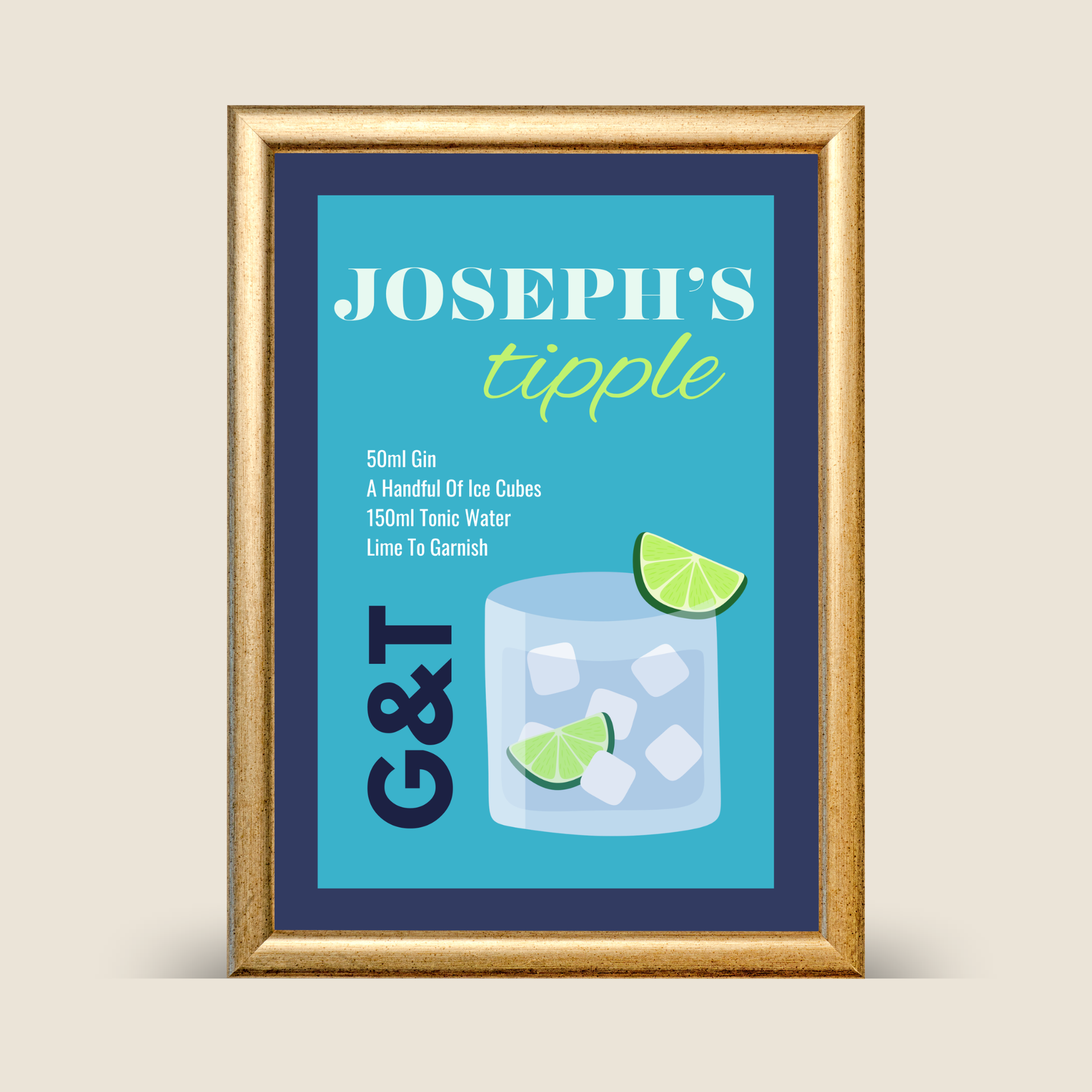 Framed ‘Just a Tipple’ gin and tonic cocktail illustration print featuring a blue background, a gin and tonic glass with ice and lime, displayed against a neutral background.