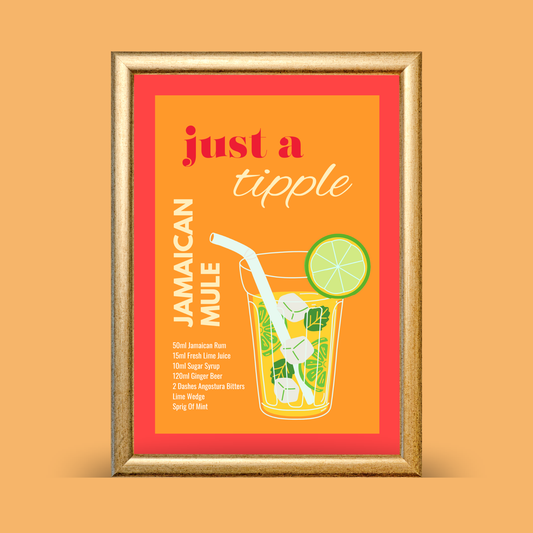 Framed Jamaican mule cocktail recipe wall art featuring an orange and coral design, illustrated highball glass with lime, mint, and straw, shown on a neutral background.