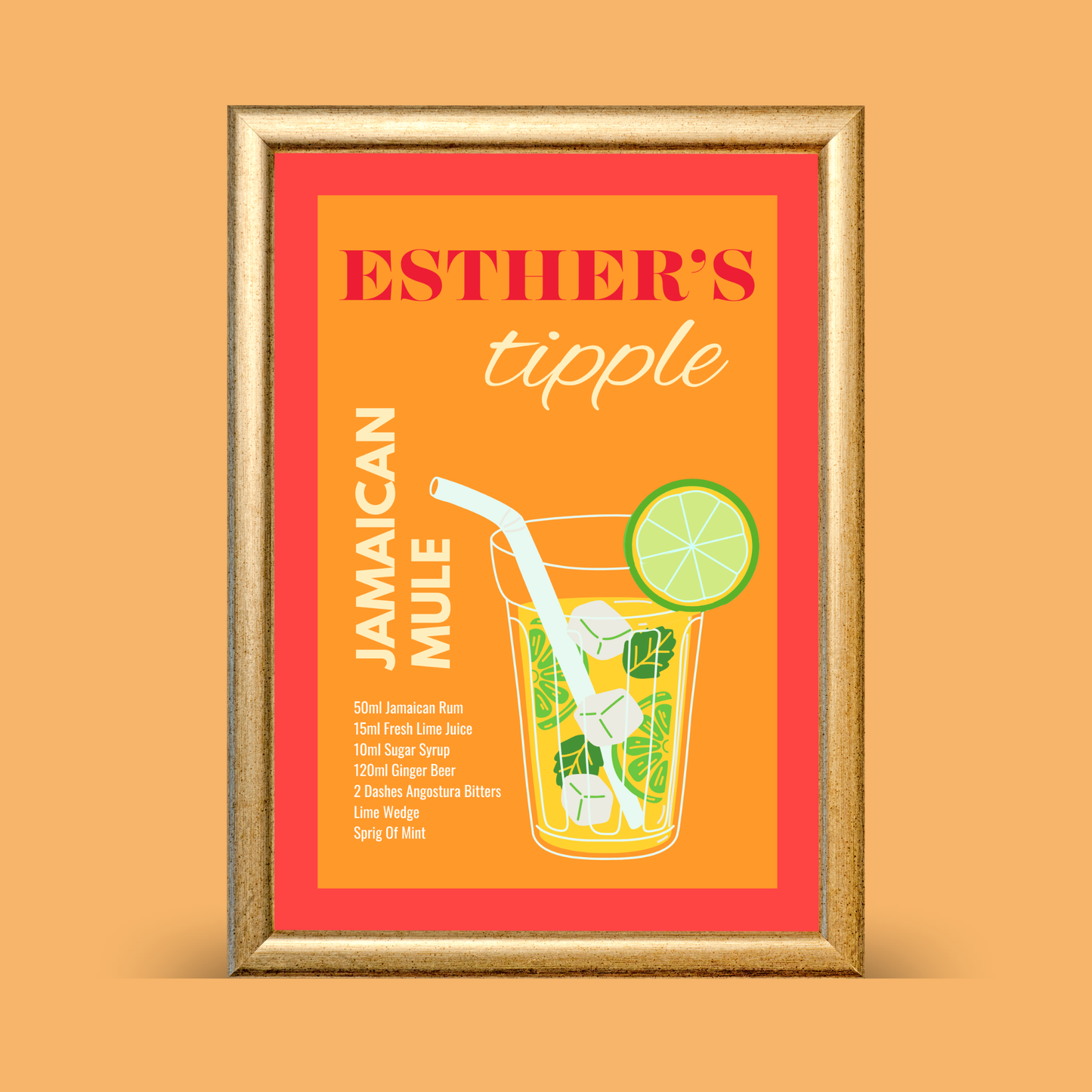Framed personalised Jamaican mule cocktail recipe wall art featuring an orange and coral design, illustrated highball glass with lime, mint, and straw, shown on a neutral background.