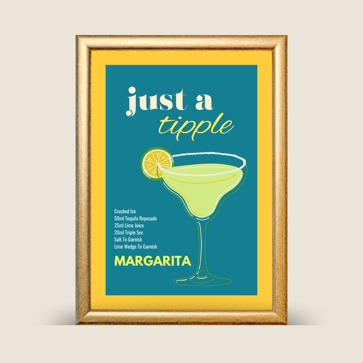 Framed margarita cocktail recipe wall art featuring a teal background, yellow border, illustrated margarita glass with lime garnish, shown on a neutral background.