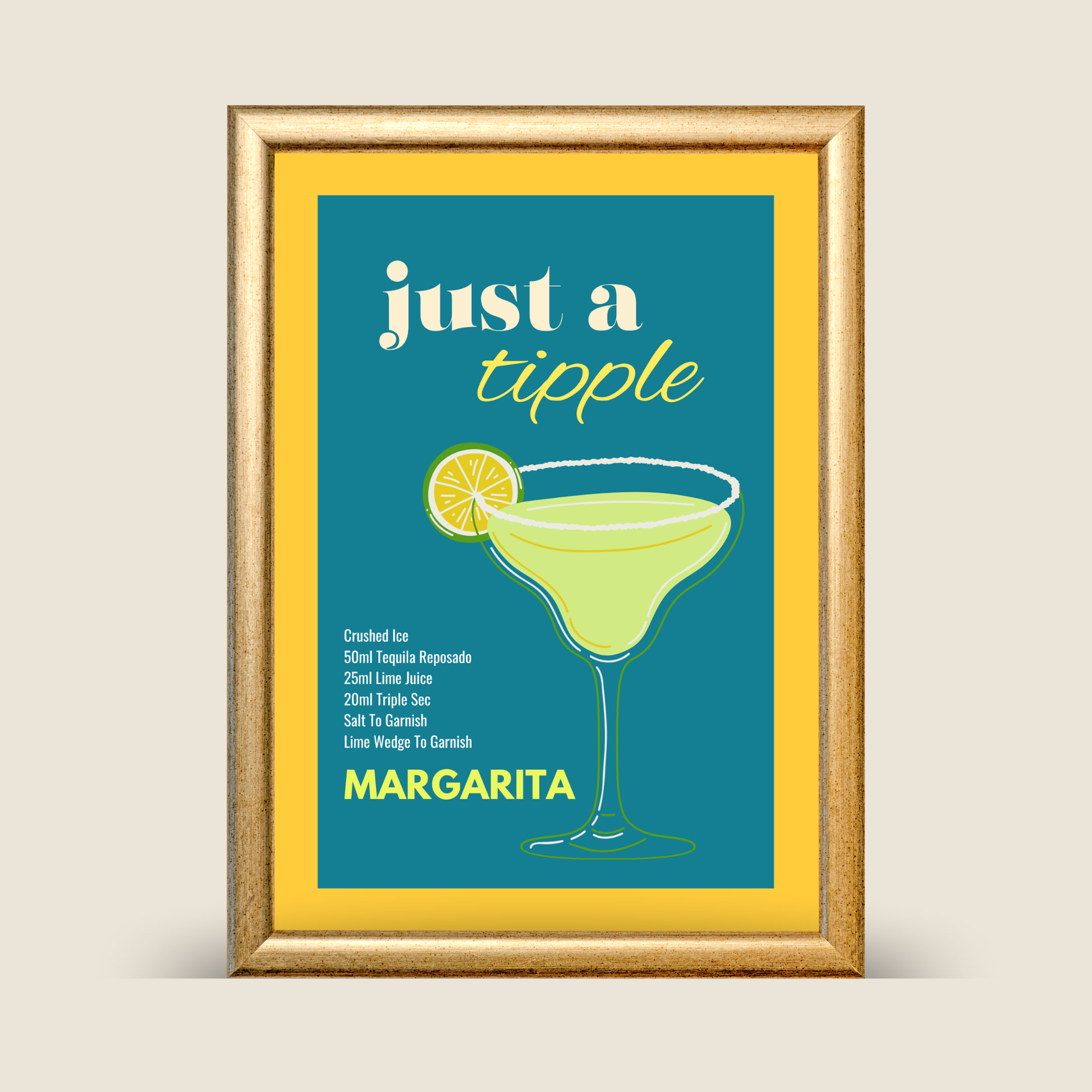 Framed margarita cocktail recipe wall art featuring a teal background, yellow border, illustrated margarita glass with lime garnish, shown on a neutral background.