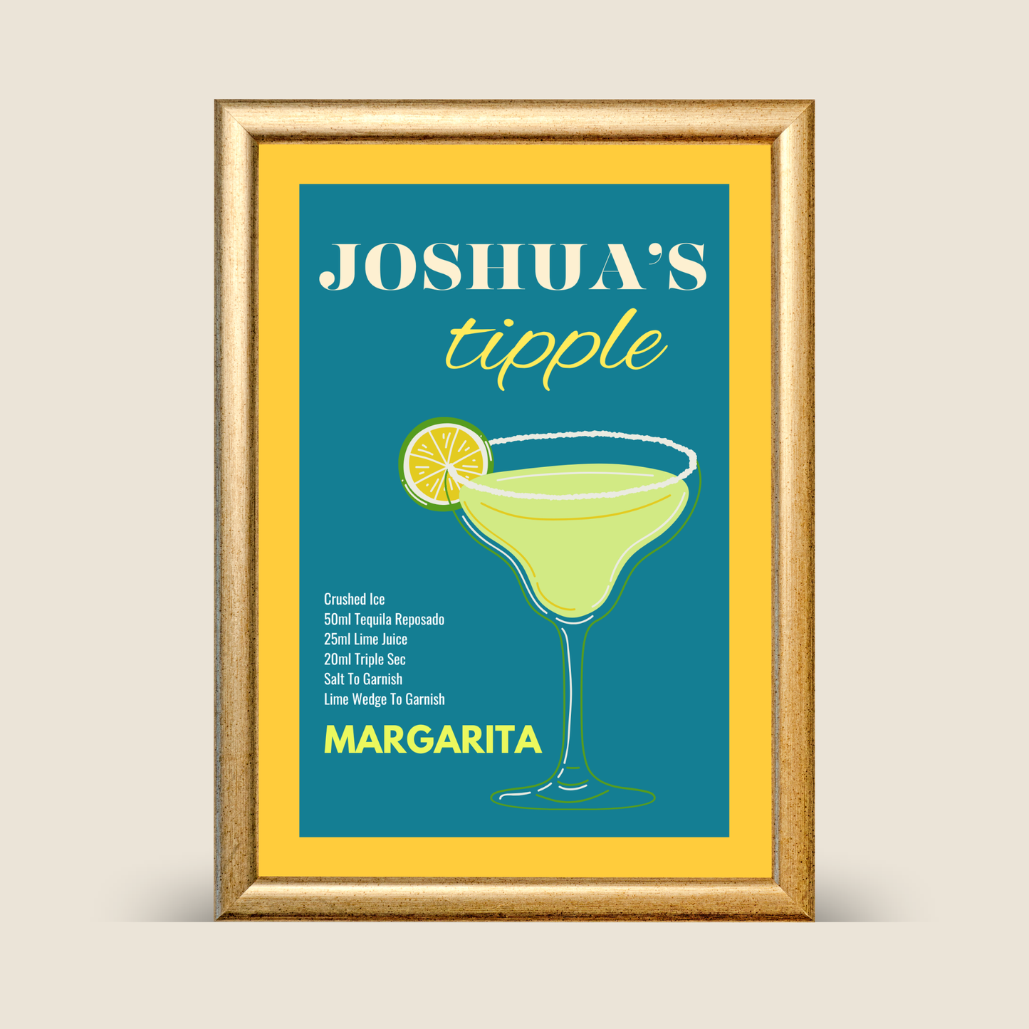 Framed personalised margarita cocktail recipe wall art featuring a teal background, yellow border, illustrated margarita glass with lime garnish, shown on a neutral background.