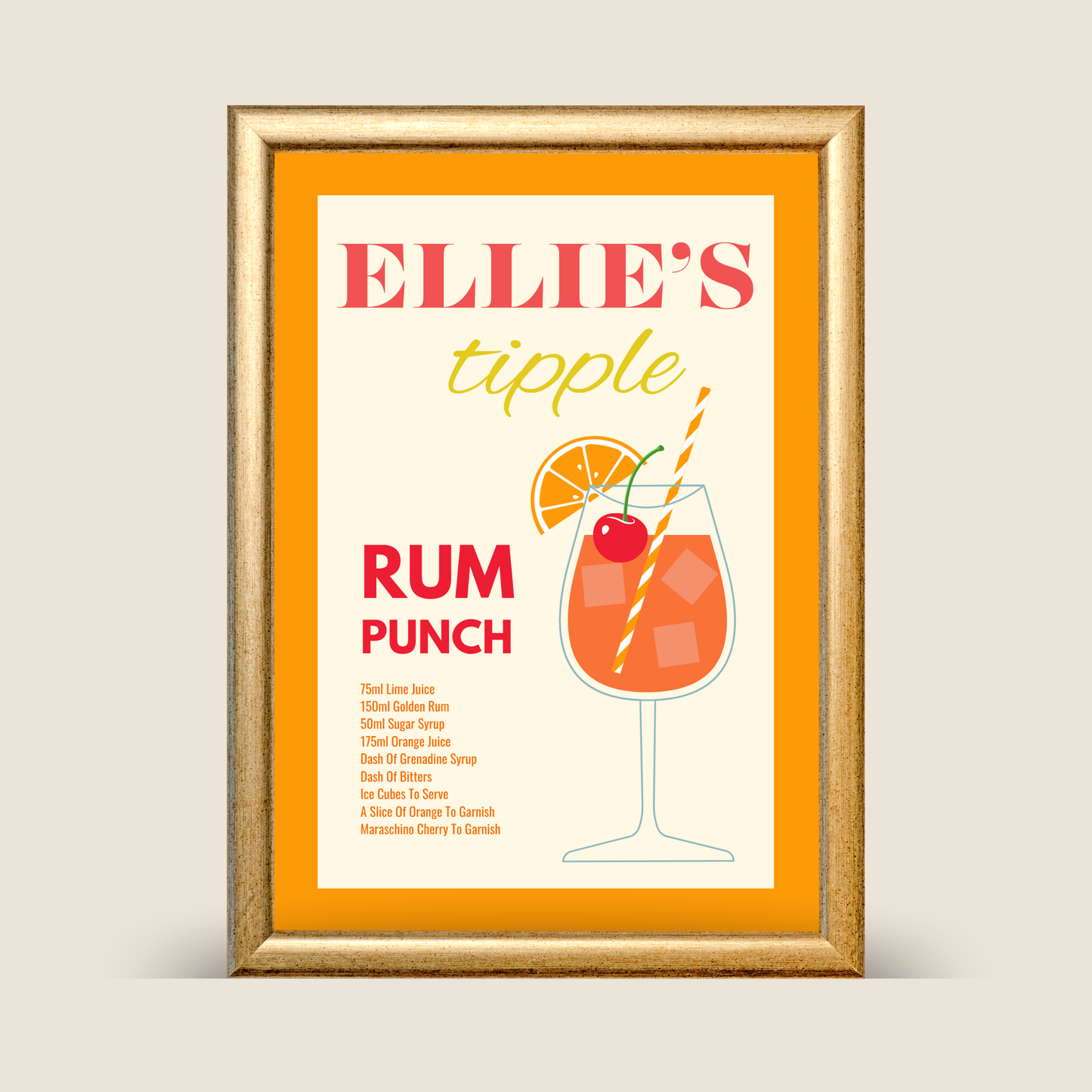 Framed personalised rum punch cocktail recipe wall art featuring an orange and cream design, illustrated cocktail glass with orange slice and cherry, shown on a neutral background.