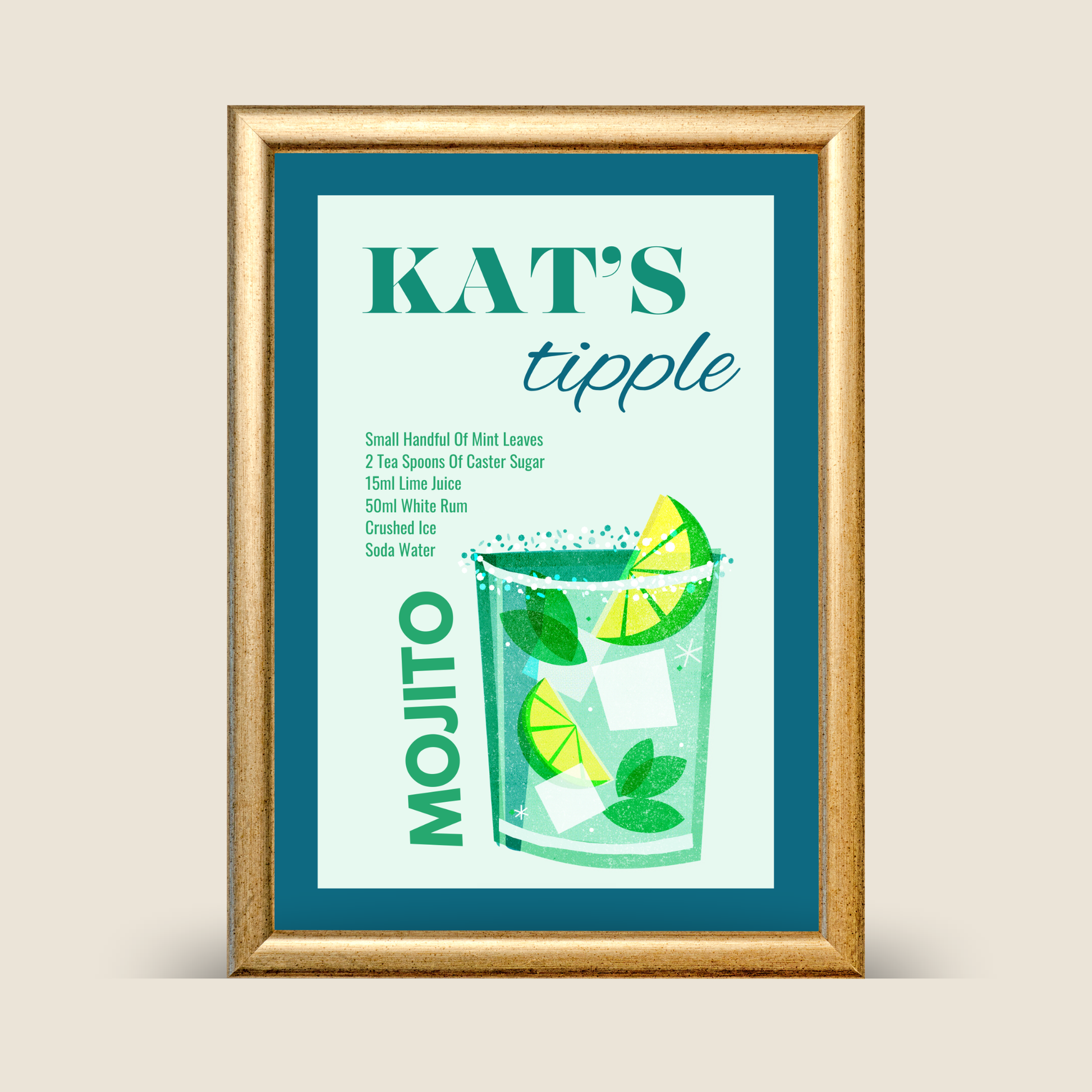 Framed teal and mint green cocktail poster reading “KAT’S tipple – Mojito,” featuring a stylized illustration of a mojito glass with lime wedges, mint leaves, and ice cubes. The recipe ingredients are listed on the left, all set within a wooden frame against a neutral background.