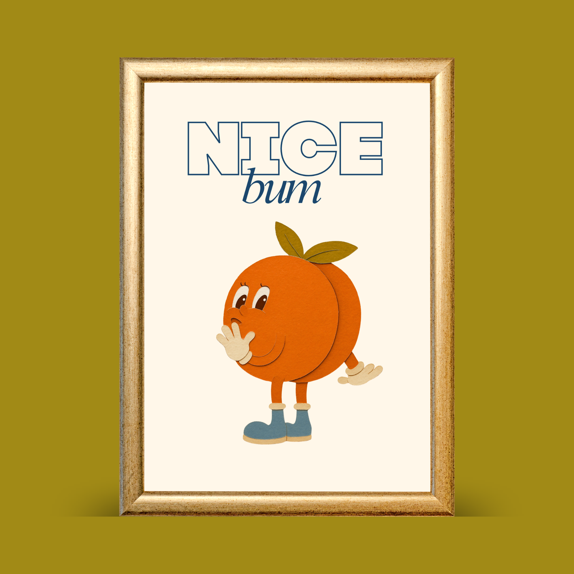A retro cartoon peach character with little blue boots and a cheeky smile, with the words "Nice Bum" above in bold blue typography on a cream background.