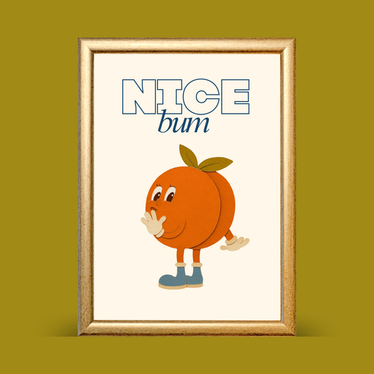 A retro cartoon peach character with little blue boots and a cheeky smile, with the words "Nice Bum" above in bold blue typography on a cream background.