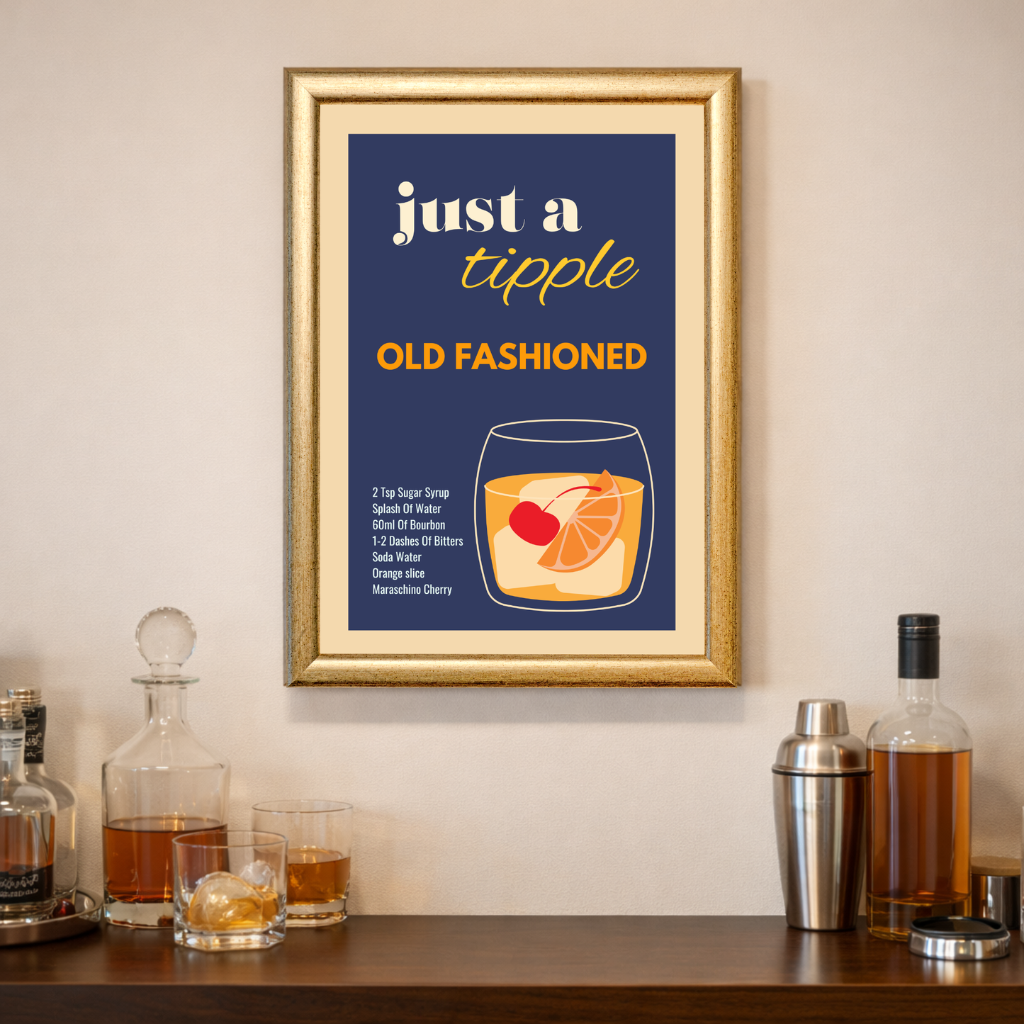 Just a Tipple Old Fashioned cocktail recipe print featuring bourbon drink illustration with orange slice and cherry on vibrant red background, with home bar elements around the image.