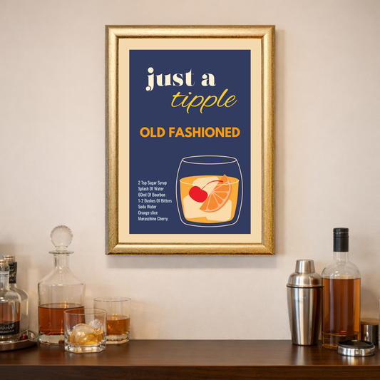 Just a Tipple Old Fashioned cocktail recipe print featuring bourbon drink illustration with orange slice and cherry on vibrant red background, with home bar elements around the image.