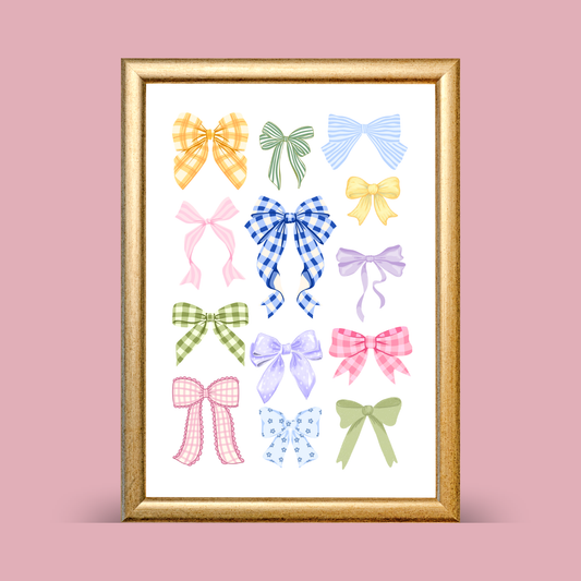 Framed wall art print featuring a collection of pastel decorative bows in gingham, striped, and floral patterns arranged on a white background.
