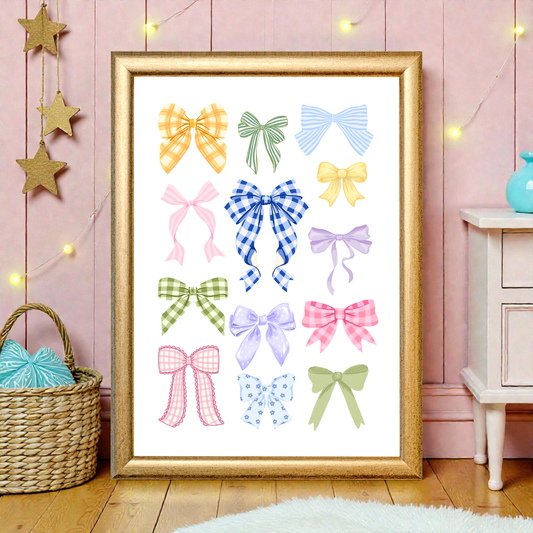 Framed wall art print in nursery room featuring a collection of pastel decorative bows in gingham, striped, and floral patterns arranged on a white background.
