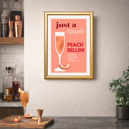 Framed poster with 'just a tipple Peach Bellini' design in a kitchen setting.