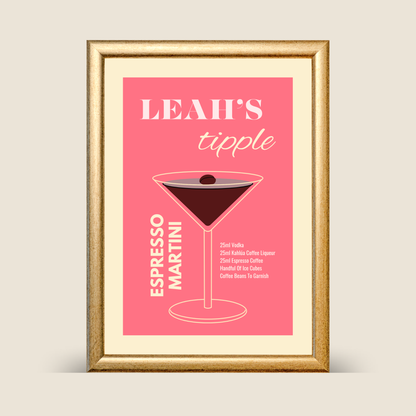 Framed poster with 'Leah's Tipple' espresso martini recipe on a pink background