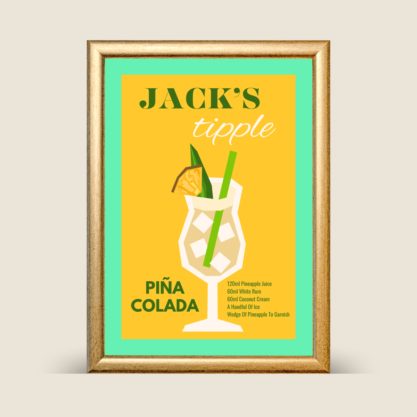 Framed poster of a Pina Colada with 'Jack's Tipple' branding on a yellow background.