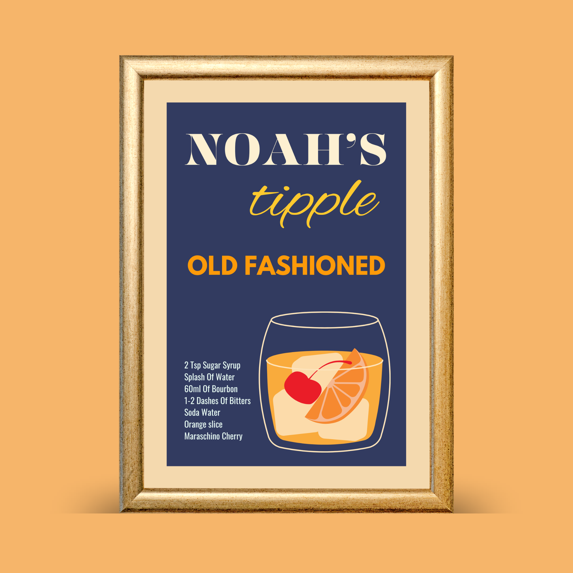 Just a Tipple Old Fashioned cocktail recipe print featuring bourbon drink illustration with orange slice and cherry