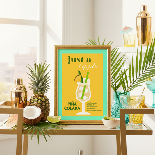 Framed poster of a Pina Colada with text on a pink background