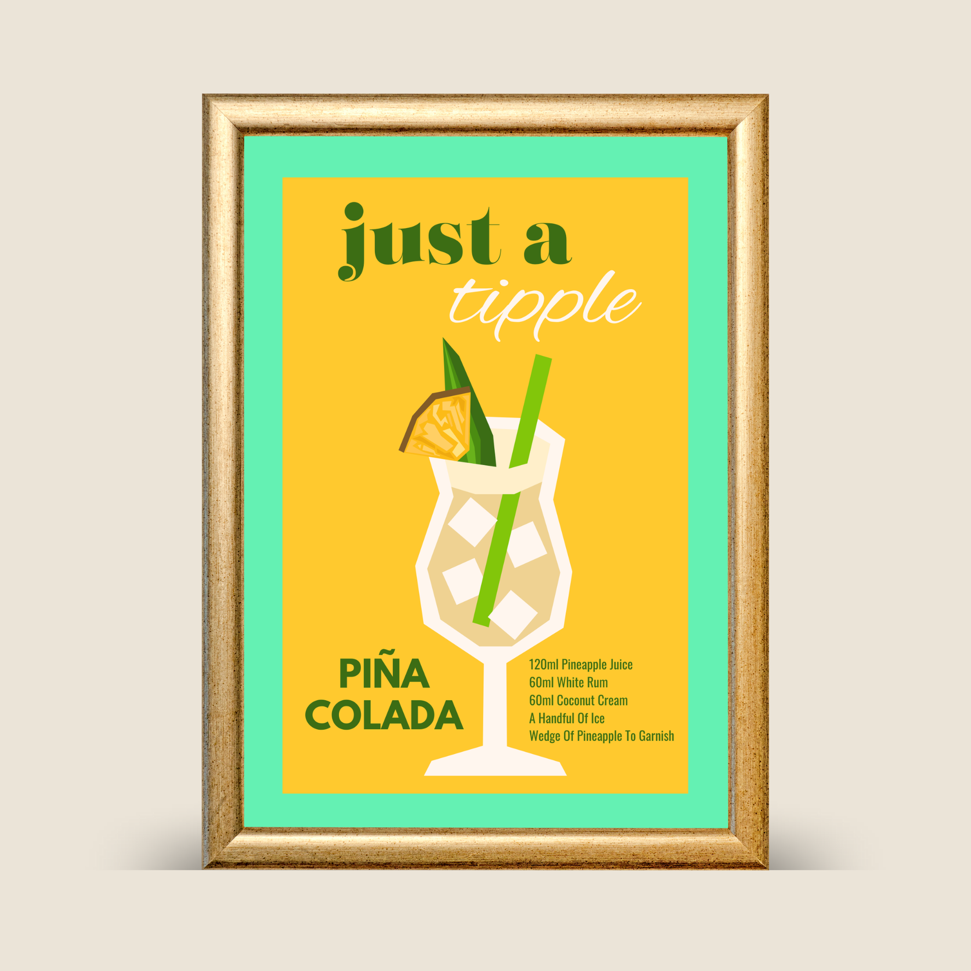 Framed poster of a Pina Colada with text on a yellow background