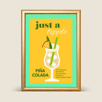Framed poster of a Pina Colada with text on a yellow background