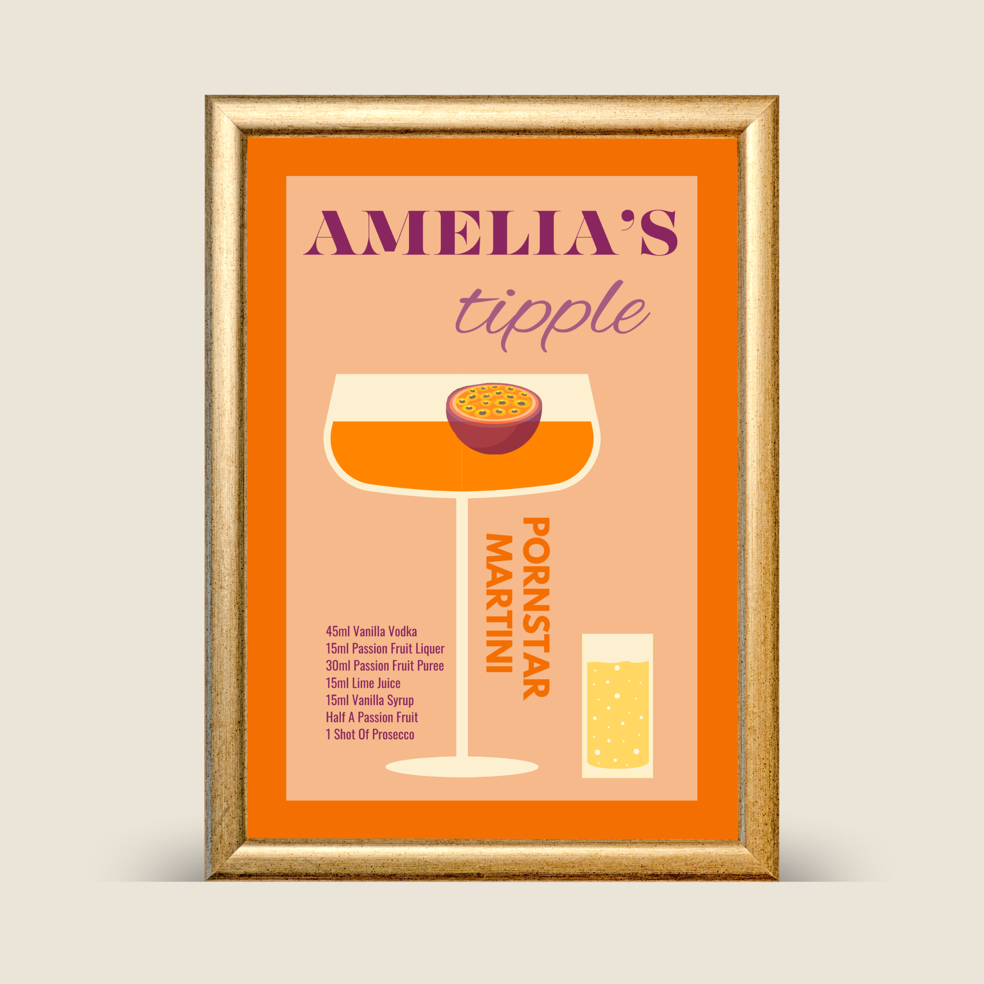 Framed cocktail recipe poster with 'just a tipple' text on a peach background