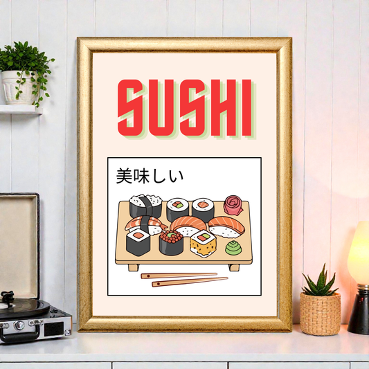 Framed sushi art print with colourful sushi illustration and Japanese text, styled on a kitchen shelf with plants and a turntable.