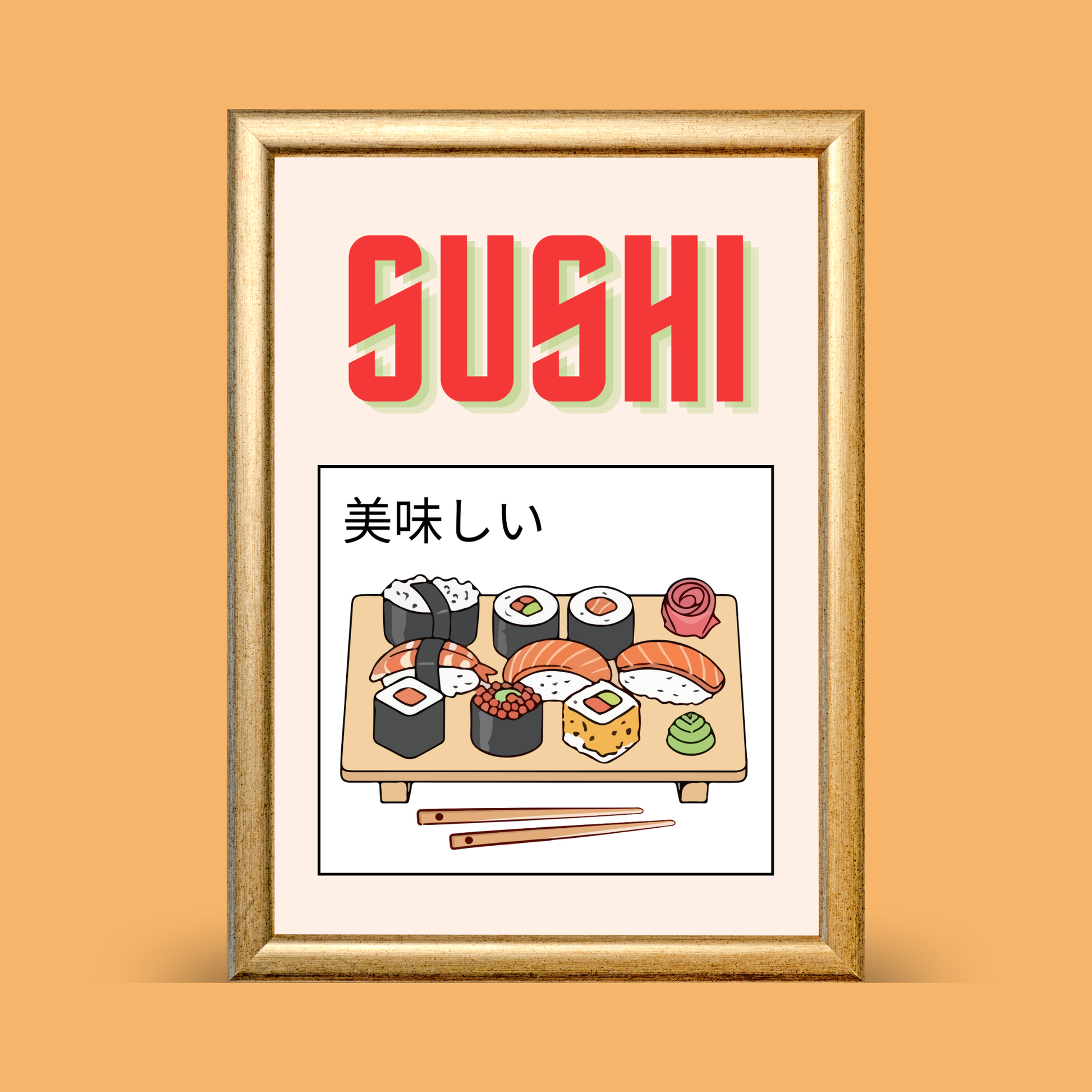Sushi art print featuring illustrated sushi rolls and nigiri with Japanese text meaning “delicious” on a soft neutral background.