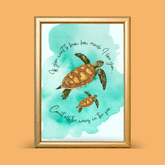 Framed artwork with turtles and text on a watercolor background