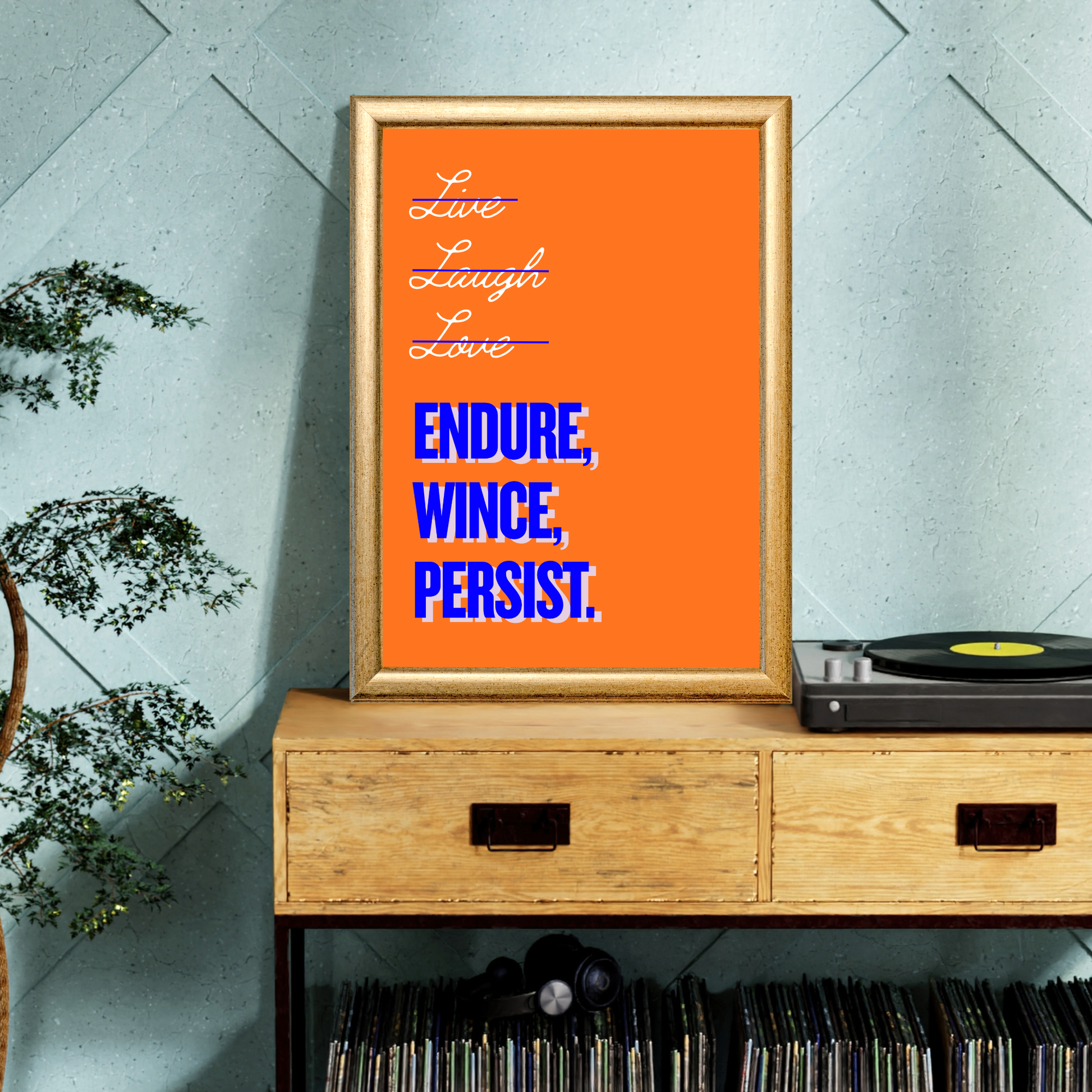 Framed motivational poster on a wooden shelf with vinyl records and a plant.
