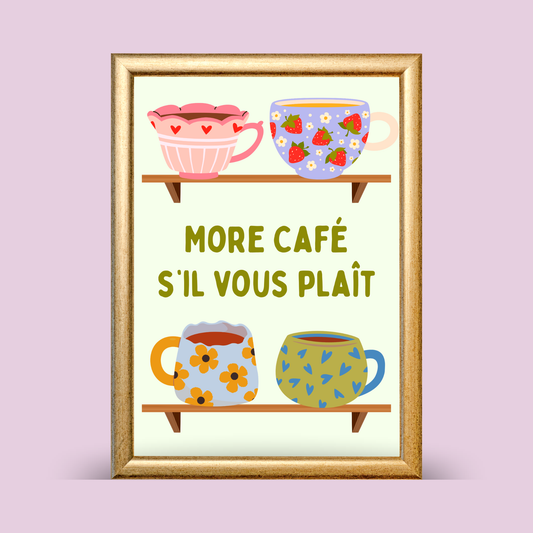 Framed artwork with colorful mugs and a shelf on a light purple background