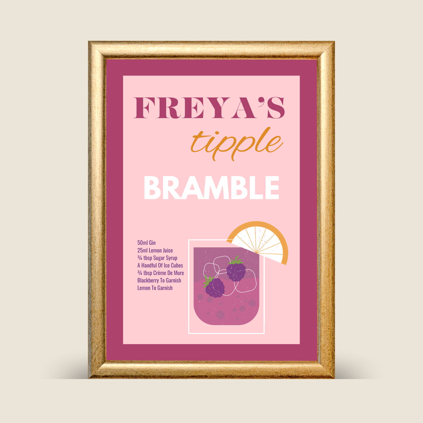 Purple personalised illustrated Bramble cocktail recipe print featuring a gin cocktail with lemon, blackberries, ice, and garnish, displayed in a gold frame on a neutral background.