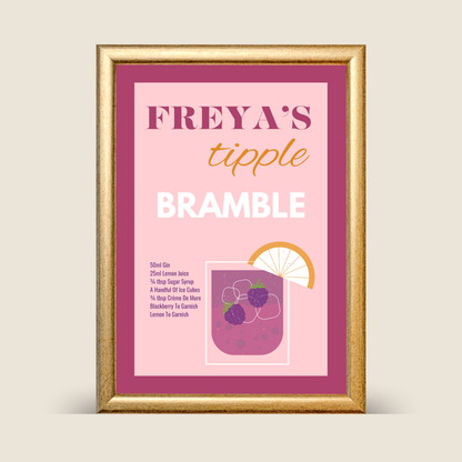 Purple personalised illustrated Bramble cocktail recipe print featuring a gin cocktail with lemon, blackberries, ice, and garnish, displayed in a gold frame on a neutral background.