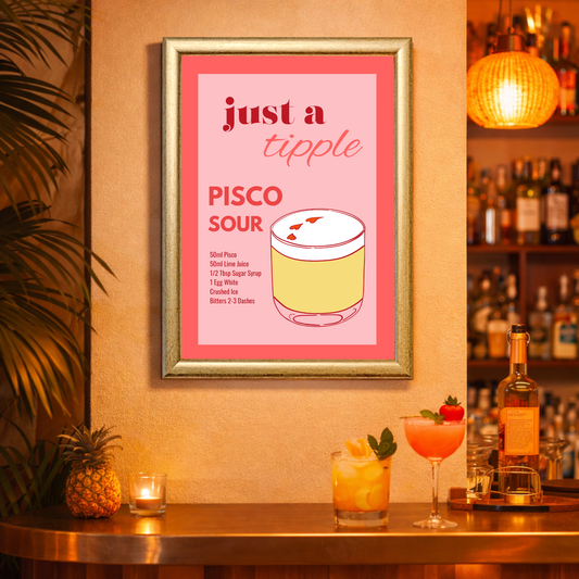 Pisco Sour recipe poster displayed on a stylish home bar wall with cocktails, warm lighting, and summer holiday vibes