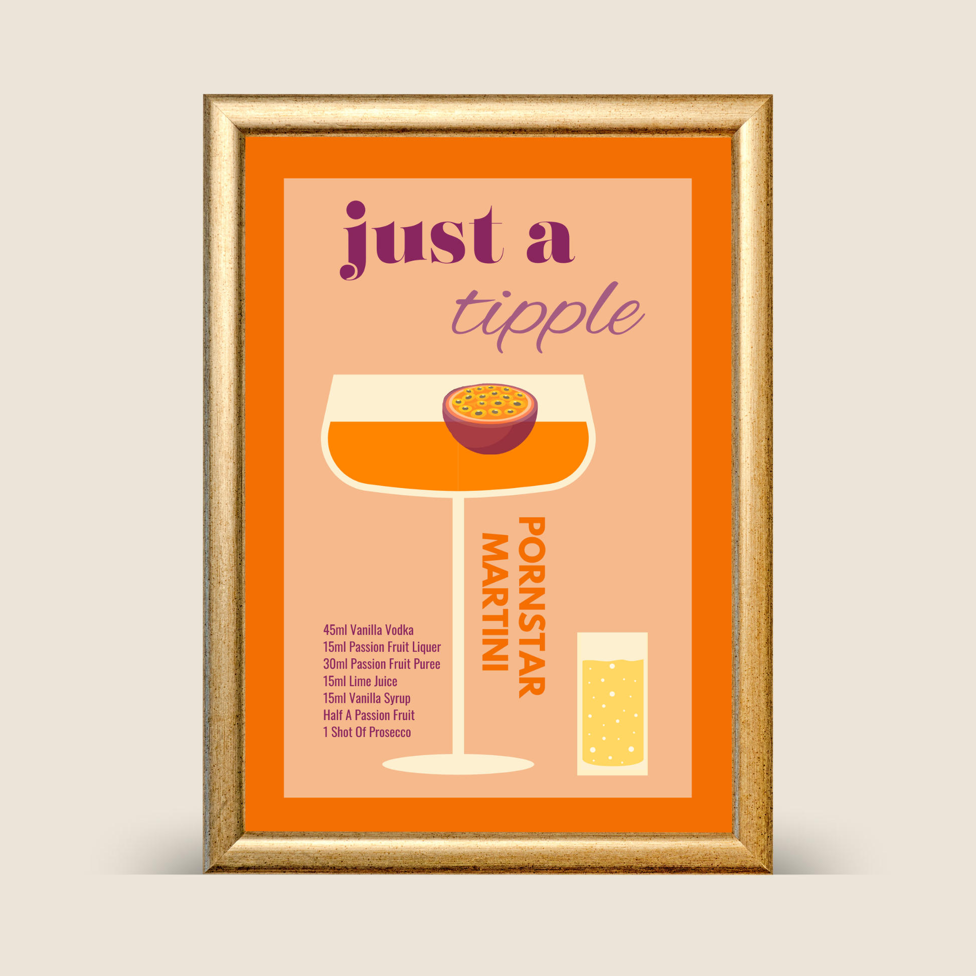 Framed cocktail recipe poster with 'just a tipple' text on a peach background