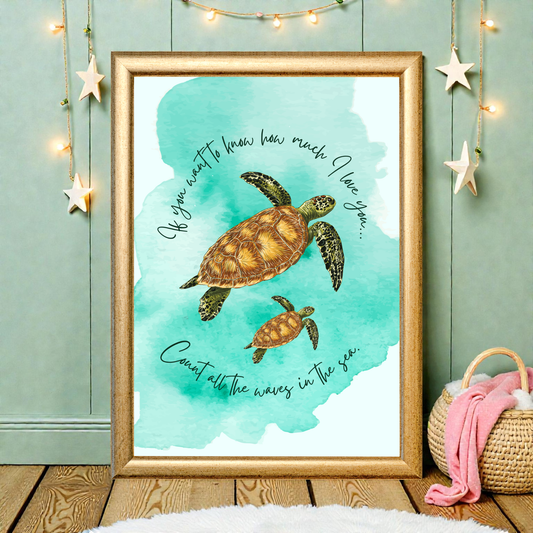 Framed artwork with turtles on a teal background, hanging on a wall with decorative lights.
