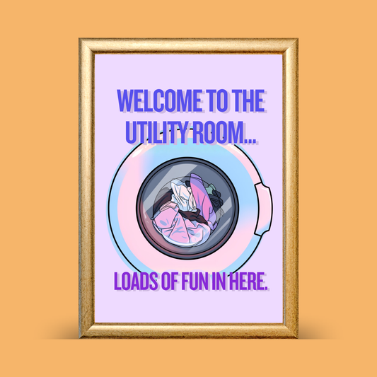 Funny utility room wall print in pastel purple with bold blue typography and a retro washing machine illustration - laundry room home décor gift idea