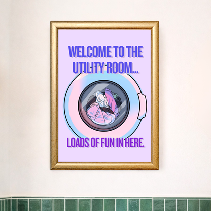 Funny utility room wall print in situ - coloured pastel purple with bold blue typography and a retro washing machine illustration - laundry room home décor gift idea